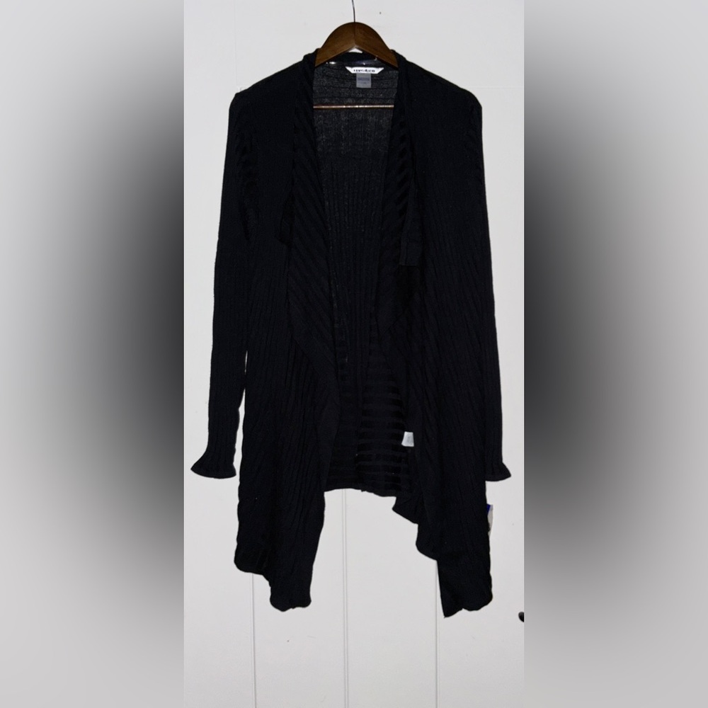 Peter Nygard Classic Long Sleeve Rib Knit Drape Hem Black Cardigan Women L NEW